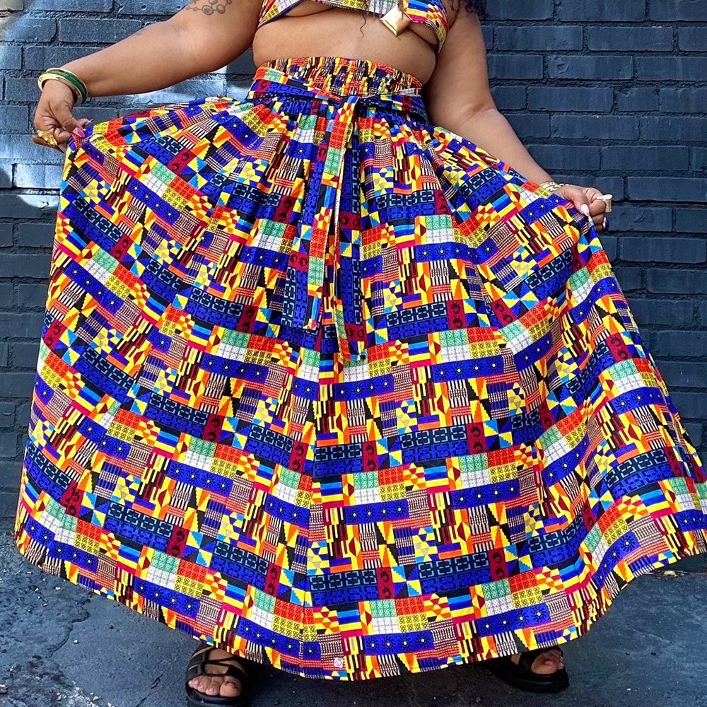 Tribal Abstract Mix Wax Print Cotton Tie Waist Maxi Skirt One Size Plus Size - Picture 11 of 12